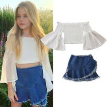 Summer Kid Baby Girl Clothes Ruffle Flare Sleeve Top Off Shoulder Blouse High Waist Denim Skirt Outfit 1-6Y 2024 - buy cheap