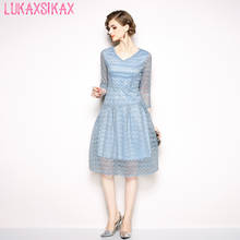 Luxuaxsikax-vestido feminino de renda azul claro, moda primavera/outono 2020, manga 3/4, alta qualidade, gola v 2024 - compre barato