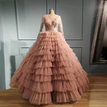 Dusty Pink Tulle Tiered Prom Dresses Sheer Neck Lace Appliques Long Sleeves Evening Gowns  Robe De Soiree Party Dresses 2024 - buy cheap