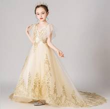 Vestido largo de boda para niña, traje bordado de tul con lentejuelas doradas, Princesa, flores, Fiesta infantil, primera comunión 2024 - compra barato