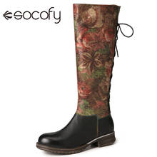 SOCOFY Women's Boots Retro Elegant Floral Printed Cowhide Leather Comfy Round Toe Warm Mid-calf Boots Back Clacing Ladies Shoes 2024 - buy cheap