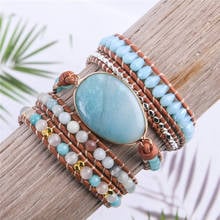 Leather Wrap Bracelet Amazonite Natural Stone Beaded 5X Layers Statement Art Bracelet Christmas Jewelry Gifts Drop Shipping 2024 - buy cheap