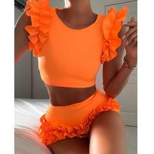 2020 Women Spring Orange Sleeveless Ruffles Elastic O-Neck 2 pcs Sets Crop Tops + Shorts Women Beach Playsuit 2024 - buy cheap