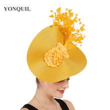 Yellow Derby Tea Feather Big Fascinator Fedora Hats Bride Wedding Headwear Gorgeous Headpiece With Nice Flower Hair Accessories 2024 - купить недорого