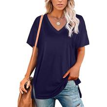 Camiseta de Color liso para mujer, ropa informal con cuello en V, manga corta, Tops elegantes para el hogar, Camiseta holgada suave de talla grande para mujer 2021 2024 - compra barato