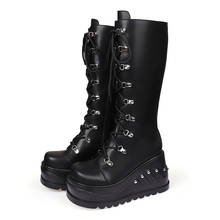 Womens Rivet Studs Knee Thigh Boots Platform Wedge High Heel Punk Motorcycle Shoes Motorcycle Black Plus Size    New 2022 2024 - buy cheap