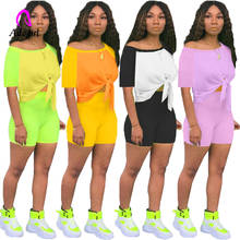 Женский спортивный костюм с круглым вырезом, разноцветный летний комплект из 2 предметов, кроп-топ со шнуровкой и велосипедные шорты, повседневные джоггеры, спортивная одежда 2024 - купить недорого