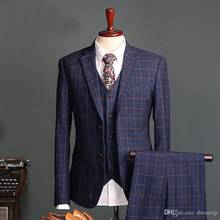 Navy Check Slim Fit Men's Suits Groom Tuxedos Wedding Grooms Three Pieces (Jaket+Vest+Pants) Formal Occasion Wear Prom Suit 2024 - buy cheap