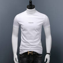 Camiseta masculina de manga curta e gola alta, camiseta de algodão mercerizado, slim fit, estampa de letras, verão, 2021 2024 - compre barato