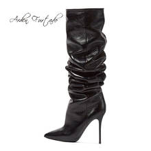 Arden Furtado-zapatos de tacón de aguja para mujer, botas hasta la rodilla plisadas, punta estrecha, azul y marrón, para pasarela, 45 46 2024 - compra barato