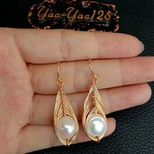 YYGEM  Handmade Cultured White freshwater  Pearl  Yellow Gold color Plated Wrap Hook Earrings 2024 - buy cheap