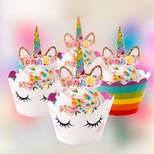 Envoltorios de unicornio de arcoíris para cupcakes, adornos para Tartas, suministros de baño para fiesta de cumpleaños, 24 Uds. 2024 - compra barato