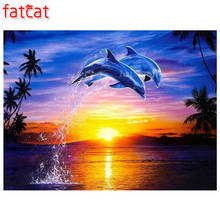 Fatcat bricolagem 5d pintura de diamante mosaico de pôr do sol e golfinhos conjunto de ponto de cruz de diamante bordado artesanal arte aegamer 2024 - compre barato