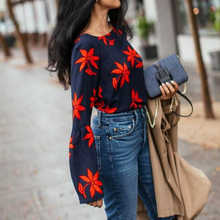 Женская модная Осенняя блузка с длинным рукавом и круглым вырезом, топ, повседневная женская блузка с принтом листьев и расклешенными рукавами 2024 - купить недорого