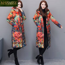 Jaqueta feminina longa floral parka, casaco de inverno com capuz 6xl, roupas femininas 2021 2024 - compre barato