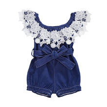 Macacão pretty infantil de 0-24m, para meninas, macacão azul de denim com babados 2024 - compre barato