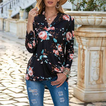 Vintage Floral Printed Shirts Female Elegant V-neck Tops 2020 Autumn New Fashion Black Blouse Casual Long Sleeve Streetwear 2024 - buy cheap
