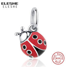 Eleshe atacado 100% 925 prata esterlina esmalte vermelho joaninha balançar charme caber charme original pulseiras diy jóias fazendo 2024 - compre barato