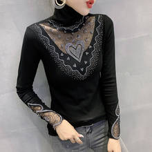 New 2020 Autumn and winter women tshirts high neck lace hollow diamond black tops Plus size women clothing blusas 2024 - buy cheap