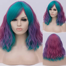 Peluca de pelo corto sintético para mujer, pelo degradado Multicolor con flequillo, rizado, ondulado, negro y blanco, azul y rosa, Cosplay 2024 - compra barato