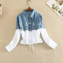 New Autumn Ripped Hole Denim Patchwork Shirt Single Breasted High Waist Short Jacket Drawstring Ruched Ruffle Cotton Crop-Tops 2024 - buy cheap