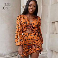 Juschicc-vestido plissado estampa de leopardo, curto, gola v, sexy, feminino, casual, manga longa, roupas de outono 2019 2024 - compre barato
