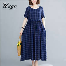 Uego Elegant Office Lady Work Dress Short Sleeve Plaid Loose Summer Dress Linen Cotton Holiday Casual Dress Female Midi Dress 2024 - buy cheap