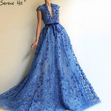 Blue A-Line Handmade Flowers Pearls Evening Dresses 2021 V-Neck Cap Sleeve Sexy Formal Dress Serene Hill LA70547 2024 - buy cheap