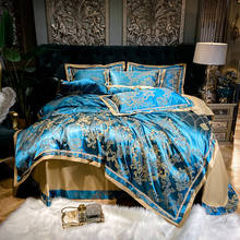 Conjunto de cama de cetim com 4 peças, pedra azul de luxo, jacquard, algodão, capa de edredom, queen, king size, roupa de cama sedosa, europa, lençol 2024 - compre barato