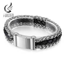 Fongten pulseira de couro preto de aço inoxidável com fecho magnético multi-camada trançado pulseiras de couro masculino 2024 - compre barato