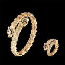 Fateama conjunto de joias luxuoso de animais, pulseira e anel com elástico, duas pontas de leopardo, micro conjunto de zircônio, moda clássica 2024 - compre barato