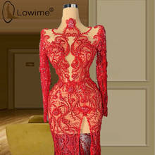 Dubai Red High Neck Muslim Long Sleeve Evening Dresses Sexy See Through Luxury Beading Evening Gowns Middle East Saudi Arabia 2024 - buy cheap