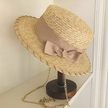 2021 New Fashion Golden Chain Wide Brim Straw Hat for Women Flat Boater Hat Bowknot Band Lady Summer Beach Hat Derby Party Hat 2024 - buy cheap
