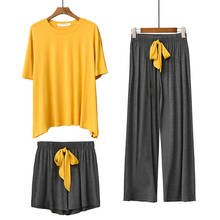Novo 3 peças de pijama feminino folgado, roupa de dormir macia para casa, pijama casual para mulheres, verão 2024 - compre barato