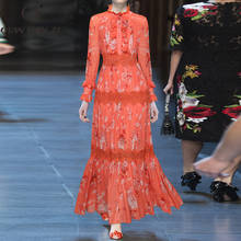 Qian Han Zi весенне-летнее дизайнерское модное Макси платье для женщин с длинным рукавом элегантное цветочное принт Ретро Кружевное длинное платье с оборками 2024 - купить недорого