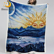 BlessLiving-manta de forro polar de Sherpa para hombre y mujer, cobertor abstracto de color azul y blanco, con diseño inspirado en el sol de la noche y el océano, 150x200 cm 2024 - compra barato