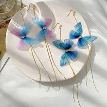 Pendientes de mariposa de hilo degradado para mujer y niña, aretes de hada coreana azul y rosa, joyería llamativa para fiesta y boda 2024 - compra barato