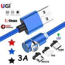 Магнитный кабель UGI 3A для быстрой зарядки, L-образный кабель QC3.0 Type C USB C для телефонов IOS, кабель Micro USB для синхронизации данных для Samsung Oneplus 2024 - купить недорого