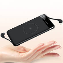 Беспроводное зарядное устройство Qi 10000 мАч для iPhone, Samsung, портативное быстрое зарядное устройство, Внешний аккумулятор со встроенным кабелем 2024 - купить недорого