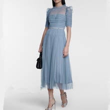 Runway Dress Women Early Spring Sexy See Through Polka Dot Mesh Dress 2021 chic PUff Sleeve Long Pleated Party Dress 2024 - buy cheap