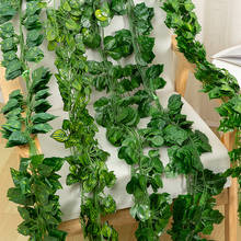 Guirnalda de hojas artificiales de plástico para decoración del hogar, guirnalda de hojas falsas de mimbre verde/Begonia/sandía, 2M, para pared, 12 Uds. 2024 - compra barato