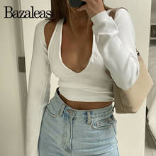 Bazaleas Vintage Deep V Neck Cropped Pull Femme Chic White Long Sleeve Women Sweater Casual Hollow Out Knitted Tops 2024 - buy cheap