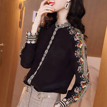Black chiffon shirt ladies long-sleeved 2020 spring autumn new stand-up collar retro printing top blouse 2024 - buy cheap