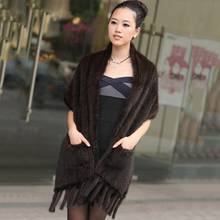 Women Natural Knitted Mink Fur Shawl Scarf With Tassels Autumn Lady Wholesale Real Mink Fur Cape Wrap Black Brown Scarf Collar 2024 - buy cheap