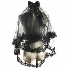 Velo de encaje gótico oscuro, accesorio para el cabello con nudo de lazo Vintage, Lolita, negro, doble capa, para disfraz de espectáculo de Cosplay 2024 - compra barato