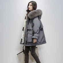 Large Natural Fox Fur Hooded Winter Jacket Women 90% White Duck Down Thick Parkas Warm Sash Tie Up Snow Coat 2024 - buy cheap