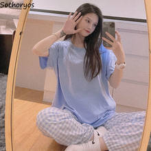 Conjuntos de pijamas femininos, conjunto de duas peças de verão, moda elegante, estilo coreano solto casual chique, roupa de dormir, manga curta xadrez 2024 - compre barato