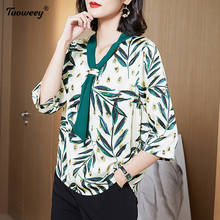 Blusa coreana de chiffon com decote em v, camisa feminina de tecido de meia-idade com estampa floral para mulheres, blusa solta, plus size 4xl, novo, 2021 2024 - compre barato