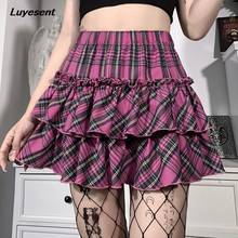 Y2k Gothic Lady High Waist Mini Skirt Plaid Pleated Ruffles Lolita Lady Dark Pink Midi Sexy Skirts Summer Korean Fashion Clothes 2024 - buy cheap