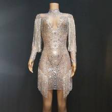 Vestidos sexis de fiesta de noche para mujer vestido brillante con cristales Perspectiva de malla cumpleaños disfraces celebración cantante actuación baile 2024 - compra barato